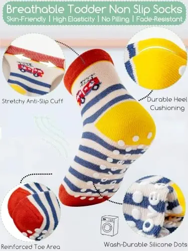 Aroveea Toddler Socks Non Slip Grip Crew Cotton 12 Pack for Baby Boys Kids | Soft combed cotton; safety silicone on bottom; machine washable; cute car prints for 6M-7Y boy kids indoor outdoor play - Aroveea (1)