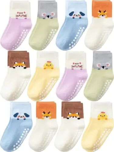 Aroveea Toddler Socks Non Slip Grip Crew Cotton 12 Pack for Baby Boys Kids | Soft combed cotton; safety silicone on bottom; machine washable; cute car prints for 6M-7Y boy kids indoor outdoor play - Aroveea