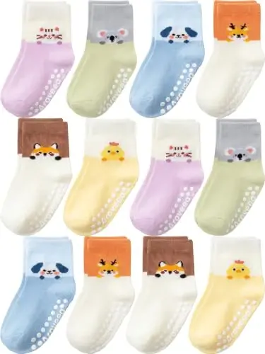 Aroveea Toddler Socks Non Slip Grip Crew Cotton 12 Pack for Baby Boys Kids | Soft combed cotton; safety silicone on bottom; machine washable; cute car prints for 6M-7Y boy kids indoor outdoor play - 1