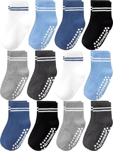 Aroveea Toddler Socks Non Slip Grip Crew Cotton 12 Pack for Baby Boys Kids | Soft combed cotton; safety silicone on bottom; machine washable; cute car prints for 6M-7Y boy kids indoor outdoor play - Aroveea