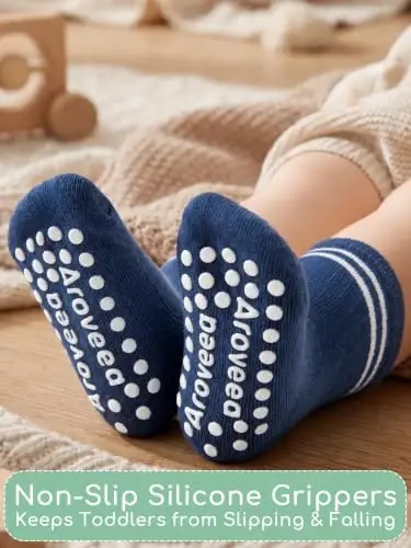 Aroveea Toddler Socks Non Slip Grip Crew Cotton 12 Pack for Baby Boys Kids | Soft combed cotton; safety silicone on bottom; machine washable; cute car prints for 6M-7Y boy kids indoor outdoor play - Aroveea (1)