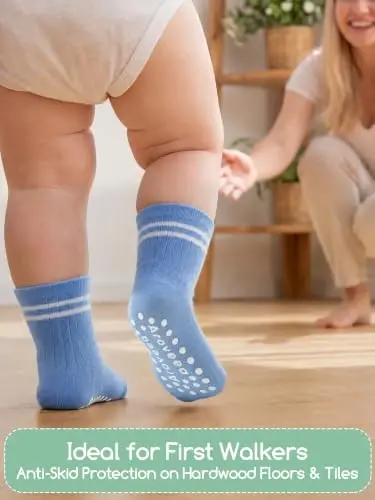 Aroveea Toddler Socks Non Slip Grip Crew Cotton 12 Pack for Baby Boys Kids | Soft combed cotton; safety silicone on bottom; machine washable; cute car prints for 6M-7Y boy kids indoor outdoor play - 3