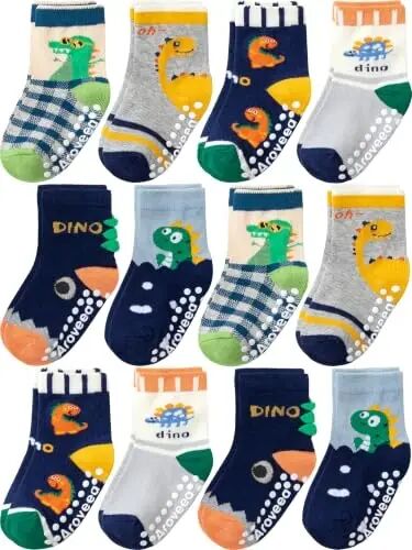 Aroveea Toddler Socks Non Slip Grip Crew Cotton 12 Pack for Baby Boys Kids | Soft combed cotton; safety silicone on bottom; machine washable; cute car prints for 6M-7Y boy kids indoor outdoor play - Aroveea