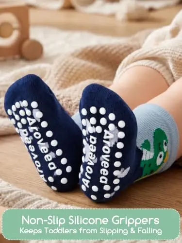 Aroveea Toddler Socks Non Slip Grip Crew Cotton 12 Pack for Baby Boys Kids | Soft combed cotton; safety silicone on bottom; machine washable; cute car prints for 6M-7Y boy kids indoor outdoor play - 3