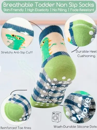 Aroveea Toddler Socks Non Slip Grip Crew Cotton 12 Pack for Baby Boys Kids | Soft combed cotton; safety silicone on bottom; machine washable; cute car prints for 6M-7Y boy kids indoor outdoor play - 4