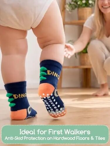 Aroveea Toddler Socks Non Slip Grip Crew Cotton 12 Pack for Baby Boys Kids | Soft combed cotton; safety silicone on bottom; machine washable; cute car prints for 6M-7Y boy kids indoor outdoor play - Aroveea (1)