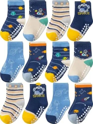 Aroveea Toddler Socks Non Slip Grip Crew Cotton 12 Pack for Baby Boys Kids | Soft combed cotton; safety silicone on bottom; machine washable; cute car prints for 6M-7Y boy kids indoor outdoor play - Aroveea