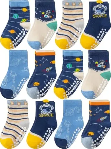 Aroveea Toddler Socks Non Slip Grip Crew Cotton 12 Pack for Baby Boys Kids | Soft combed cotton; safety silicone on bottom; machine washable; cute car prints for 6M-7Y boy kids indoor outdoor play - 1