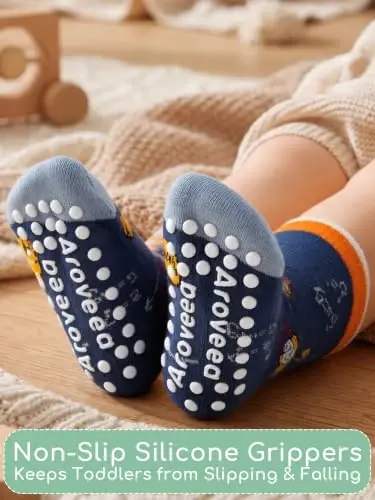 Aroveea Toddler Socks Non Slip Grip Crew Cotton 12 Pack for Baby Boys Kids | Soft combed cotton; safety silicone on bottom; machine washable; cute car prints for 6M-7Y boy kids indoor outdoor play - Aroveea (1)