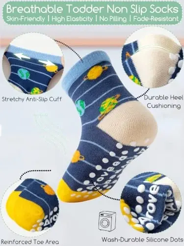 Aroveea Toddler Socks Non Slip Grip Crew Cotton 12 Pack for Baby Boys Kids | Soft combed cotton; safety silicone on bottom; machine washable; cute car prints for 6M-7Y boy kids indoor outdoor play - 3