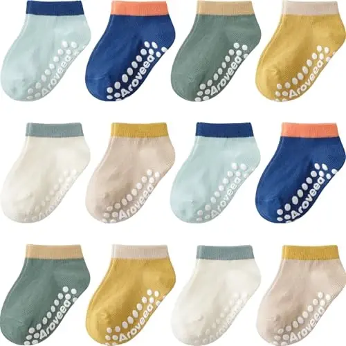 Aroveea Non Slip Grip Ankle Baby Socks 12 Pack for Toddler Boys and Girls Kids,Infant Cute Cotton Baby Socks 