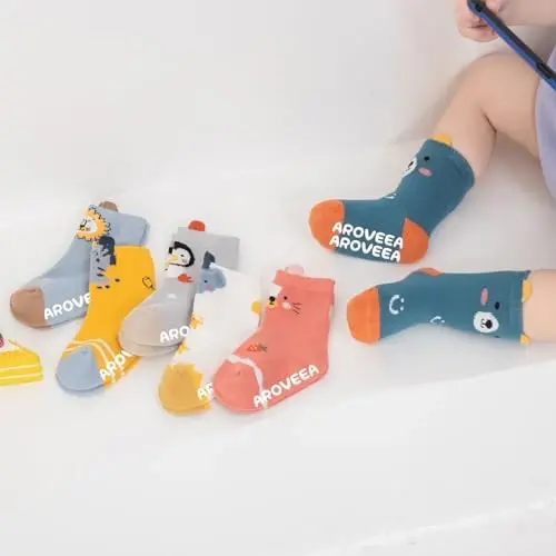 Aroveea Toyib qilinmaydigan tutqichli to'piqli bolalar paypoqlari 12 dona Toddler o'g'il va qiz bolalar uchun, chaqaloqlar uchun yoqimli paxta bolalar paypoqlari - 5
