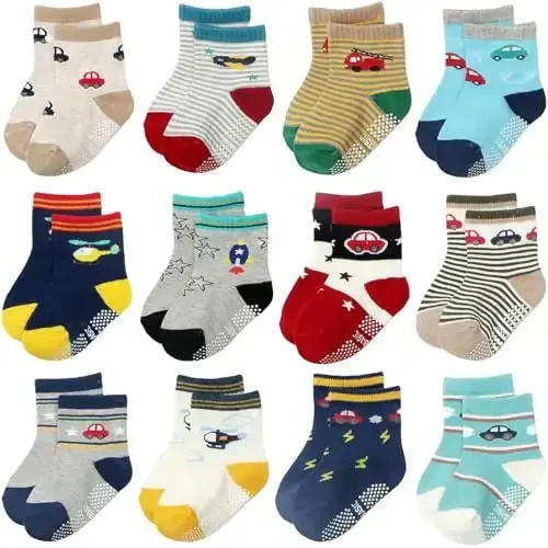 Aroveea Toddler Socks Non Slip Grip Cute Cotton Baby Socks 12 Pack for Toddler Boys Girls Kids - MODAZONE