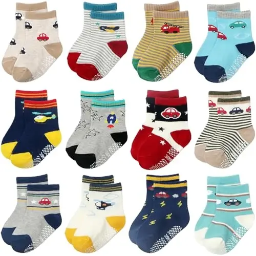 Aroveea Toddler Socks Non Slip Grip Cute Cotton Baby Socks 12 Pack for Toddler Boys Girls Kids 