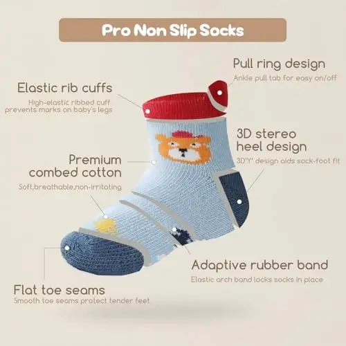 Aroveea Toddler Socks Non Slip Grip Cute Cotton Baby Socks 12 Pack for Toddler Boys Girls Kids - 6