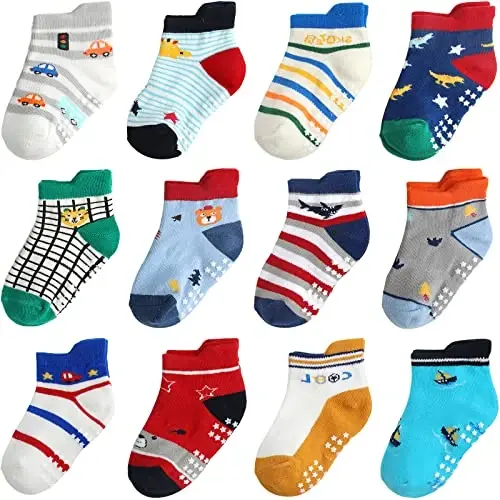 Aroveea Toddler Socks Non Slip Grip Cute Cotton Baby Socks 12 Pack for Toddler Boys Girls Kids - MODAZONE