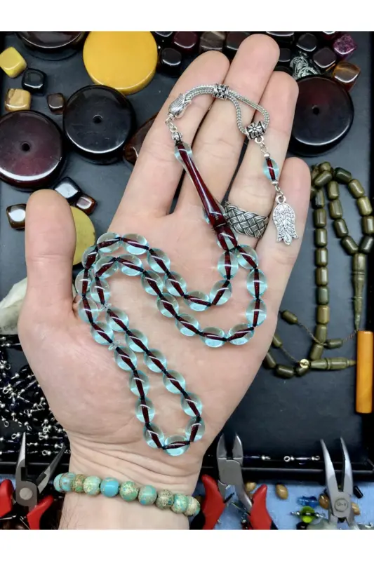 Arpa Kesim Gök Mavisi Ahşap Kutulu Toz Kehribar Tesbih-gökmavisi002 - 2