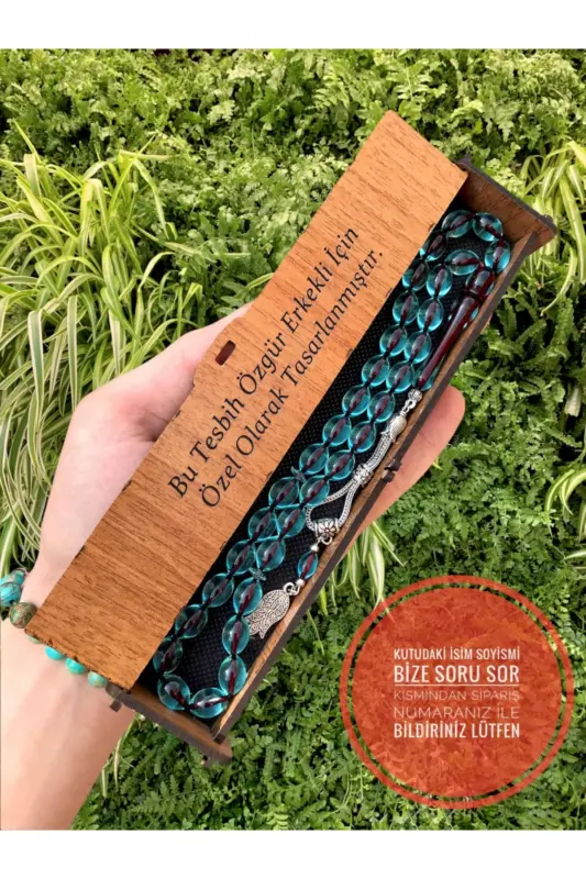 Arpa Kesim Gök Mavisi Ahşap Kutulu Toz Kehribar Tesbih-gökmavisi002 - 1