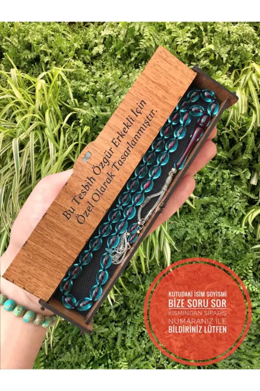 Arpa Kesim Gökmavisi Ahşap Kutulu Toz Kehribar Tesbih-gökmavisi001 - KANUNİ TESBİH