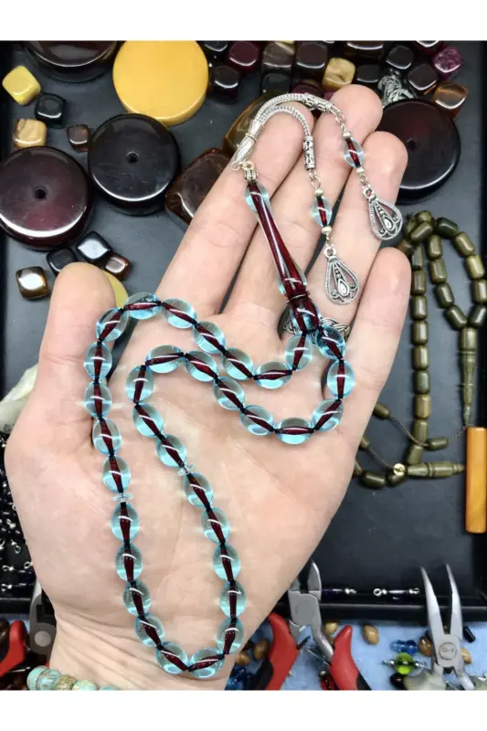 Arpa Kesim Gökmavisi Ahşap Kutulu Toz Kehribar Tesbih-gökmavisi001 - 2