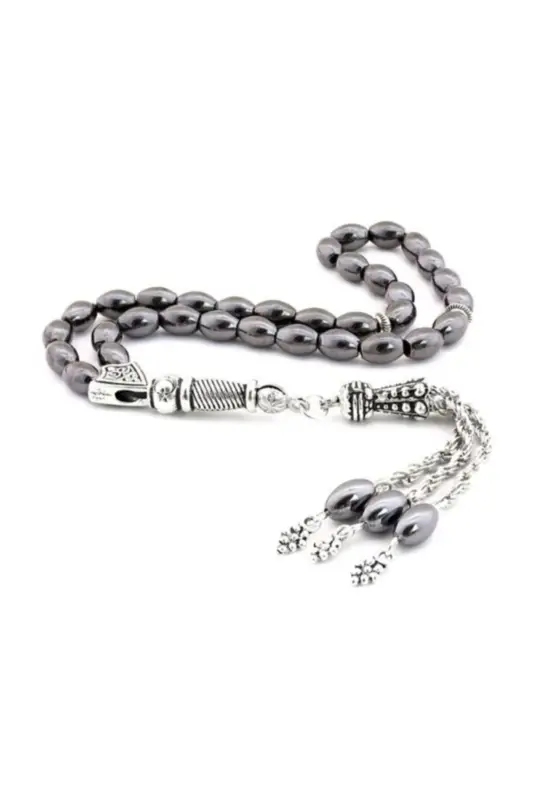 Arpa Kesim Kozali Gematit Tabiiy Tosh Tasbeh 02341-qora - 5