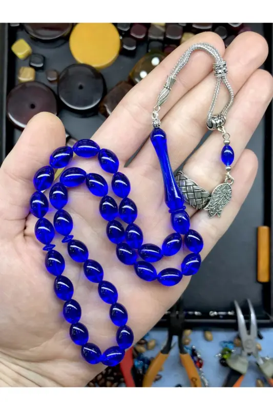 Arpa Kesim Mavi Ahşap Kutulu Toz Kehribar Tesbih - mavi001 - 2