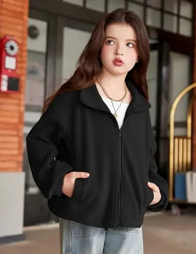 Arshiner Girls Zip Up Fleece Jacket Fall Winter Sherpa Ko'ylagi Issiq Tashqi Kiyim Qisqartirilgan Palto Cho'ntaklari bilan - 3