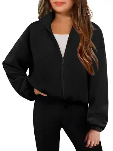 Arshiner Girls Zip Up Fleece Jacket Fall Winter Sherpa Sweatshirts Warm Outwear Crop Coat with Pockets - MODAZONE