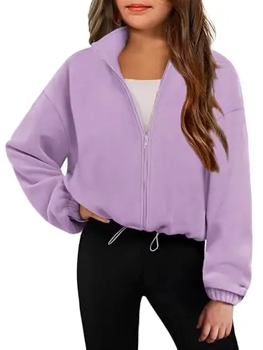 Arshiner Girls Zip Up Fleece Jacket Fall Winter Sherpa Sweatshirts Warm Outwear Crop Coat with Pockets - ARSHINER