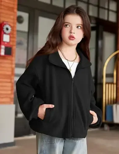 Arshiner Girls Zip Up Fleece Jacket Fall Winter Sherpa Sweatshirts Warm Outwear Crop Coat with Pockets - 3