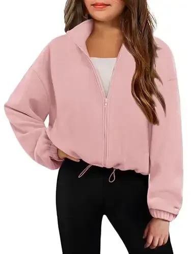 Arshiner Girls Zip Up Fleece Jacket Fall Winter Sherpa Sweatshirts Warm Outwear Crop Coat with Pockets - ARSHINER