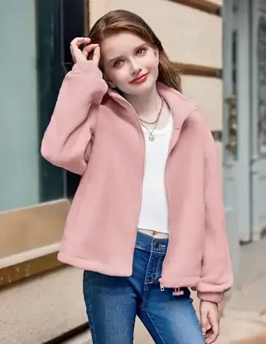 Arshiner Girls Zip Up Fleece Jacket Fall Winter Sherpa Sweatshirts Warm Outwear Crop Coat with Pockets - 2