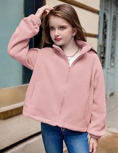 Arshiner Girls Zip Up Fleece Jacket Fall Winter Sherpa Sweatshirts Warm Outwear Crop Coat with Pockets - 5
