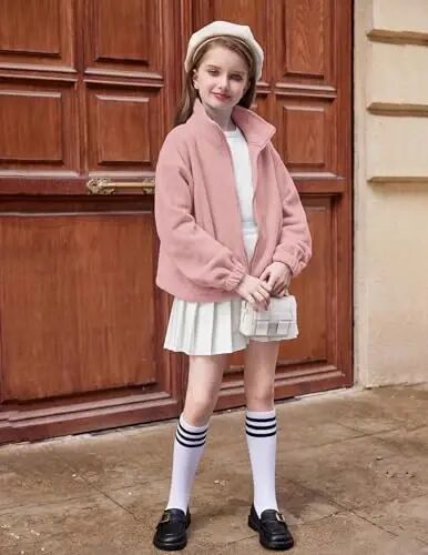 Arshiner Girls Zip Up Fleece Jacket Fall Winter Sherpa Sweatshirts Warm Outwear Crop Coat with Pockets - 6