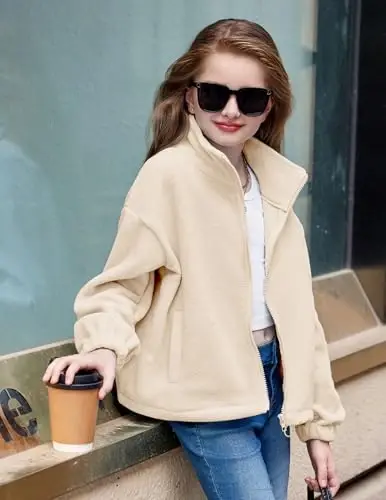 Arshiner Girls Zip Up Fleece Jacket Fall Winter Sherpa Sweatshirts Warm Outwear Crop Coat with Pockets - 2