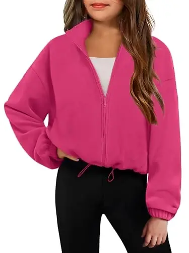 Arshiner Girls Zip Up Fleece Jacket Fall Winter Sherpa Sweatshirts Warm Outwear Crop Coat with Pockets - 1