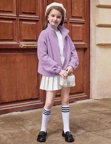 Arshiner Girls Zip Up Fleece Jacket Fall Winter Sherpa Sweatshirts Warm Outwear Crop Coat with Pockets - 6
