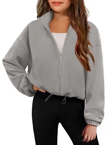 Arshiner Girls Zip Up Fleece Jacket Fall Winter Sherpa Sweatshirts Warm Outwear Crop Coat with Pockets - ARSHINER