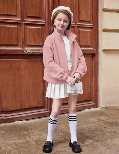 Arshiner Girls Zip Up Fleece Jacket Fall Winter Sherpa Sweatshirts Warm Outwear Crop Coat with Pockets - 6