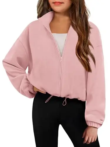 Arshiner Girls Zip Up Fleece Jacket Fall Winter Sherpa Sweatshirts Warm Outwear Crop Coat with Pockets - ARSHINER