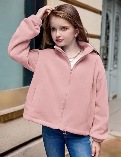 Arshiner Girls Zip Up Fleece Jacket Fall Winter Sherpa Sweatshirts Warm Outwear Crop Coat with Pockets - 5