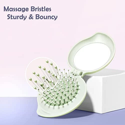 Arthaxi Hair Brush with Mirror, Compact Mirror and Mini Hair Brush Set, Folding Hairbrush for Women, Gifts for Women, Green - 3