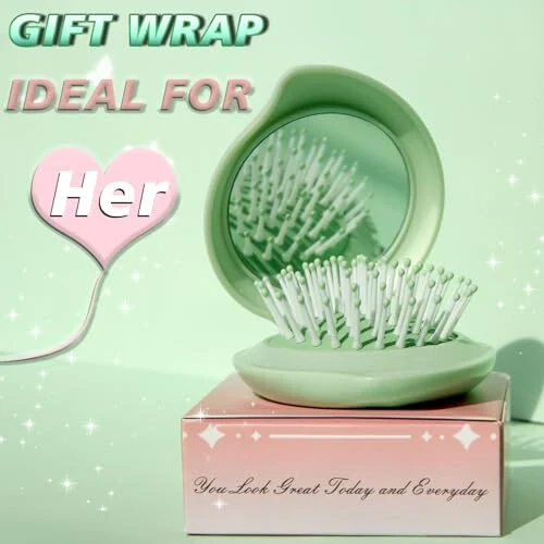 Arthaxi Hair Brush with Mirror, Compact Mirror and Mini Hair Brush Set, Folding Hairbrush for Women, Gifts for Women, Green - 6