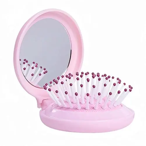 Arthaxi Hair Brush with Mirror, Compact Mirror with Mini Hair Brush Set, Folding Hairbrush for Women, Baby Pink 