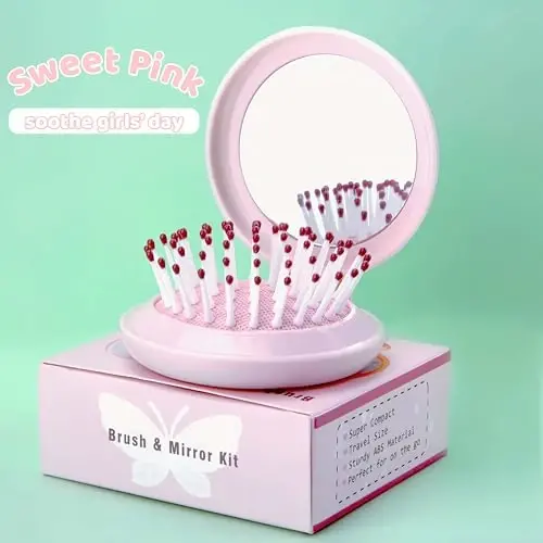 Arthaxi Hair Brush with Mirror, Compact Mirror with Mini Hair Brush Set, Folding Hairbrush for Women, Baby Pink - 5