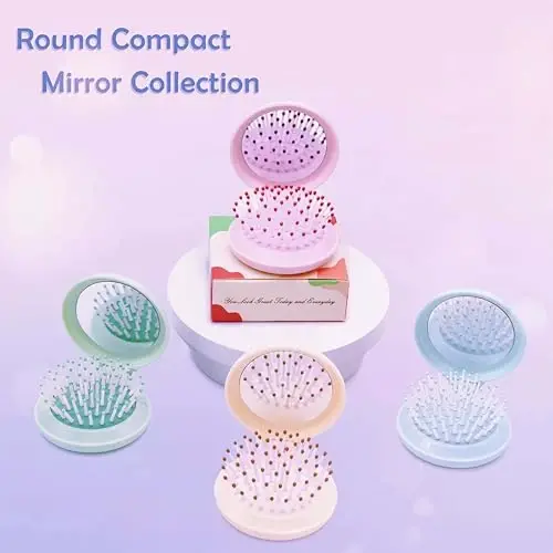 Arthaxi Hair Brush with Mirror, Compact Mirror with Mini Hair Brush Set, Folding Hairbrush for Women, Baby Pink - 6