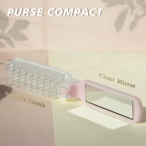 Arthaxi Hair Brush with Mirror and Folding Comb, Compact Travel Size for Women, Light Pink - 2