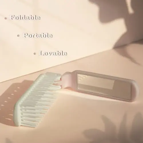 Arthaxi Hair Brush with Mirror and Folding Comb, Compact Travel Size for Women, Light Pink - 4