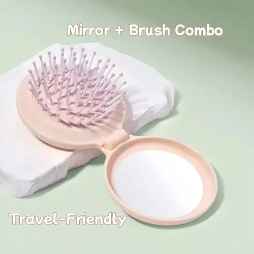 Arthaxi Compact Mirror with Mini Hair Brush, Small Gifts for Teen Girls, Peach Pink 1-Pack - 5