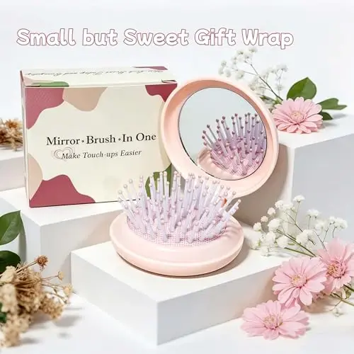 Arthaxi Compact Mirror with Mini Hair Brush, Small Gifts for Teen Girls, Peach Pink 1-Pack - 6